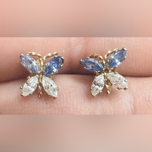 Jewelry - 14K Solid Gold Butterfly Stud Earrings with Blue & Clear CZ Stones